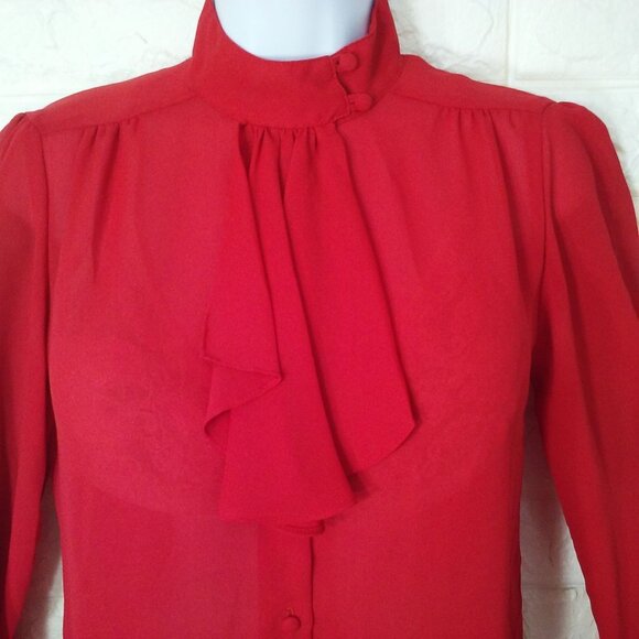Vintage 80s Mariel High-Neck Cravat Blouse Top (6) Semi-Sheer Polyester Crepe - Picture 2 of 12